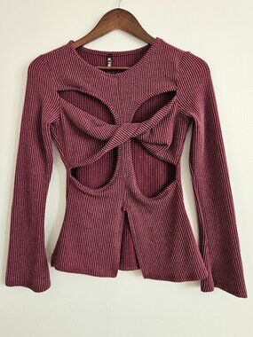 K Too Maroon Textured Long Sleeve Top S Small Cut Out Funky Sexy Top